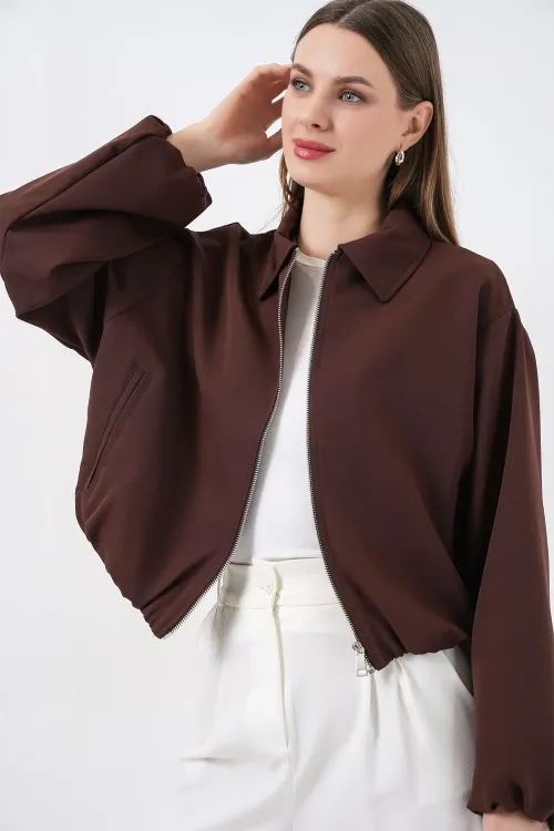 Kadın Oversize Fermuarlı Ceket 0735 - Kahverengi