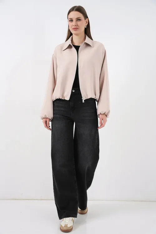 Kadın Oversize Fermuarlı Ceket 0735 - Krem