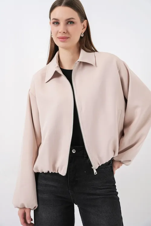 Kadın Oversize Fermuarlı Ceket 0735 - Krem