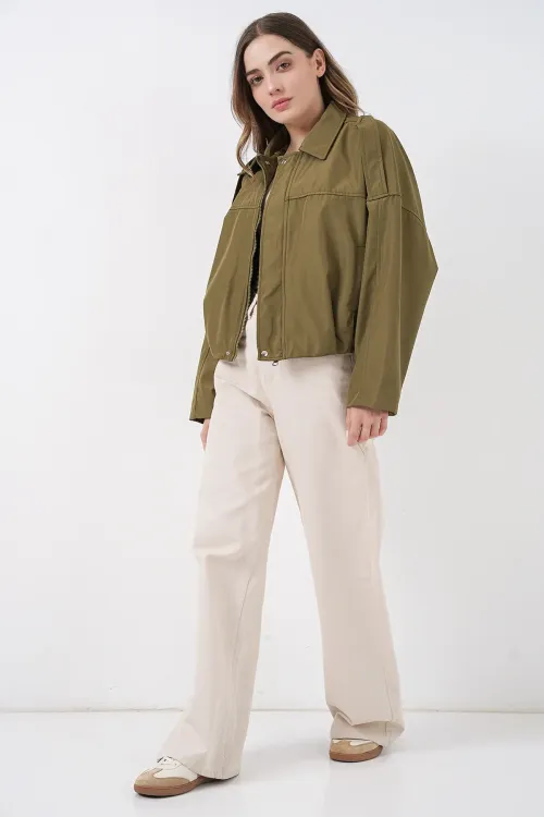 Kadın Oversize Kısa Ceket 0732 - Haki