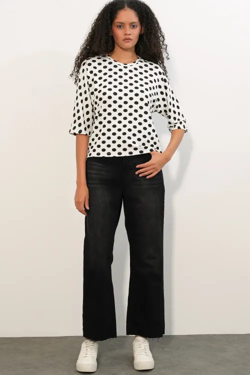 Kadın Oversize Puantiyeli Bluz 40020 - Beyaz
