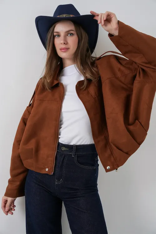 Kadın Oversize Süet Ceket 1055 - Y.Kiremit