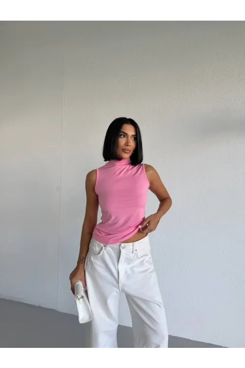 Kadın Pembe Balıkçı Yaka Sıfır Kol Sandy Crop Bluz HZL26S-FRY123931