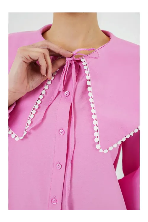 Kadın Pembe Bebe Yaka Düğmeli Şık Günlük Gömlek HZL26S-BD1203141
