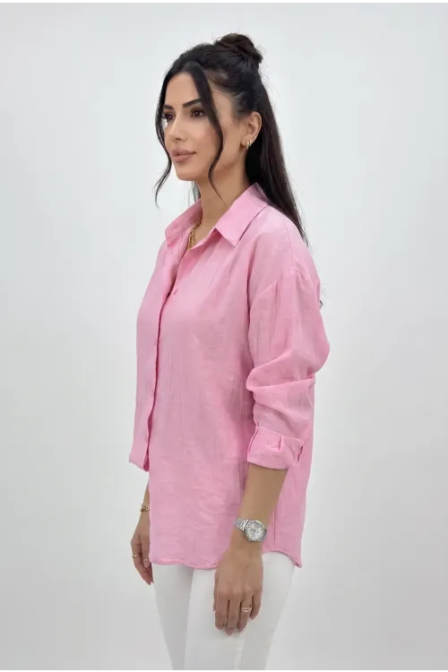 Kadın Pembe Büyük Beden Desenli Çilek Kumaş Gömlek HZL26S-ZSS111311
