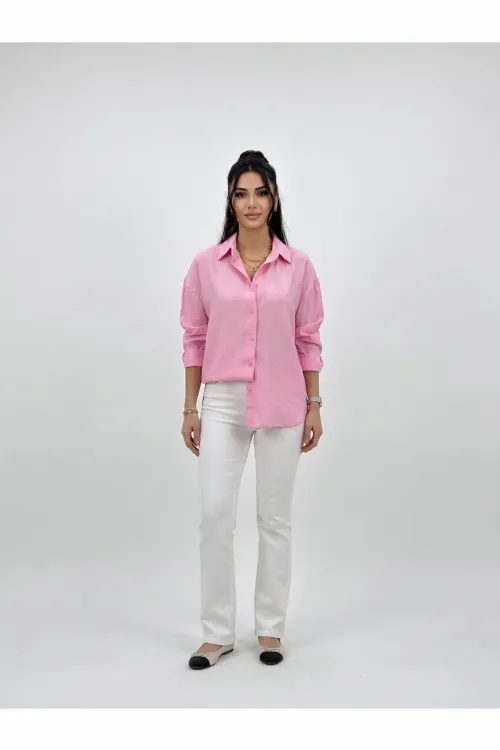 Kadın Pembe Büyük Beden Desenli Çilek Kumaş Gömlek HZL26S-ZSS111311