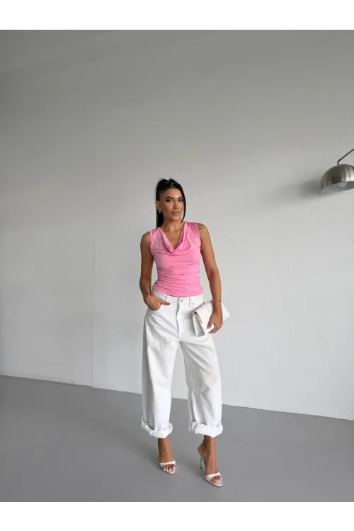 Kadın Pembe Degaje Yaka Yanlardan Drapeli Sandy Bluz HZL25S-FRY123131