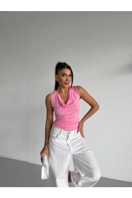 Kadın Pembe Degaje Yaka Yanlardan Drapeli Sandy Bluz HZL25S-FRY123131