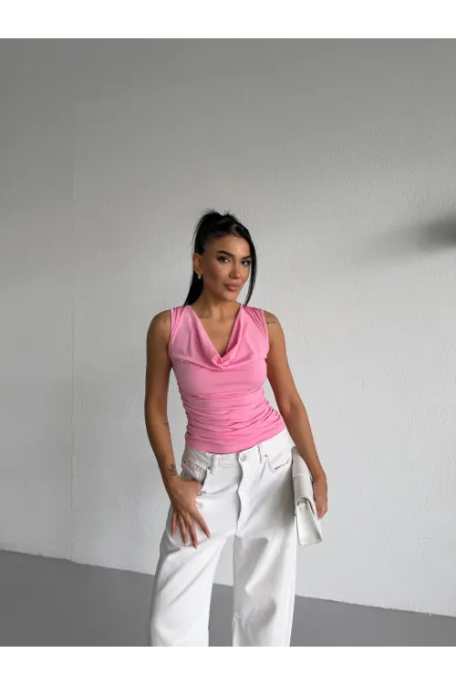 Kadın Pembe Degaje Yaka Yanlardan Drapeli Sandy Bluz HZL25S-FRY123131