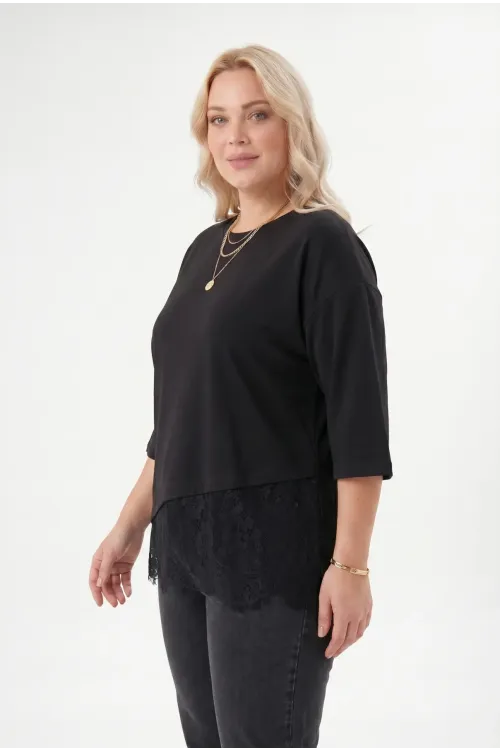 Kadın Siyah Büyük Beden Bisiklet Yaka Tül Detaylı Yarım Kol T-Shirt HZL26S-ZSS19521