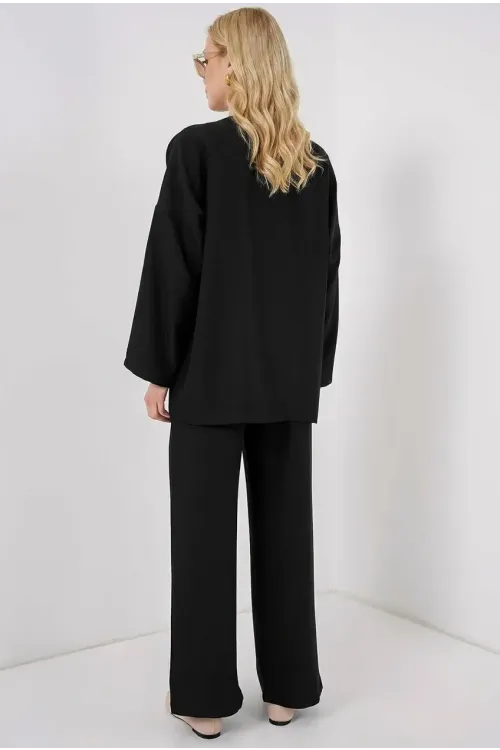 Kadın Siyah Keten Bağlama Detaylı Kimono Pantolon İkili Takım HZL26S-BD167271