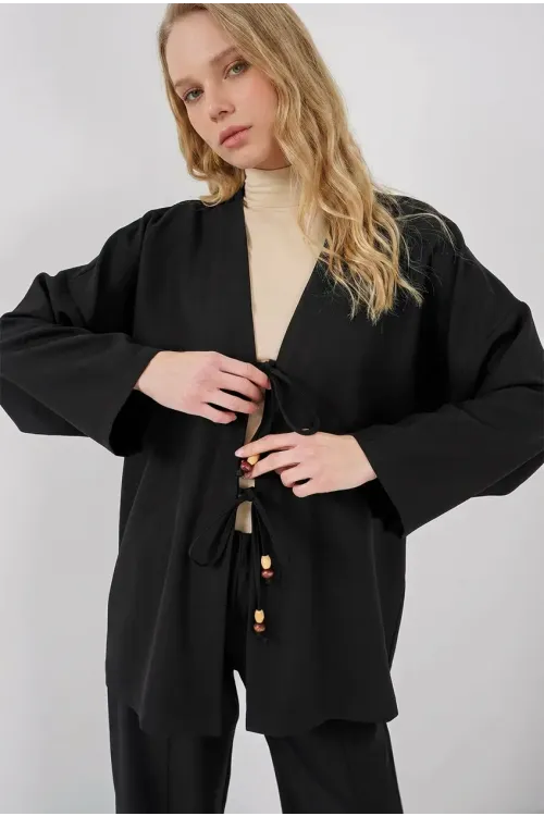 Kadın Siyah Keten Bağlama Detaylı Kimono Pantolon İkili Takım HZL26S-BD167271