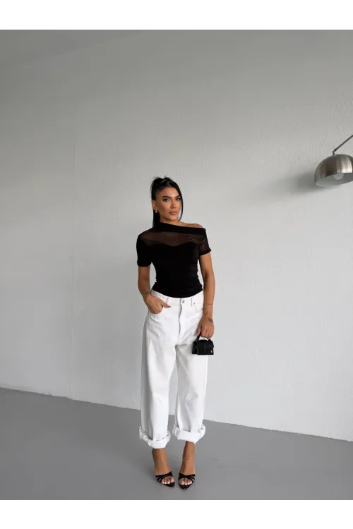 Kadın Siyah Tek Omuz Transparan Tül Detaylı Şık Sandy Bluz HZL26S-FRY123871