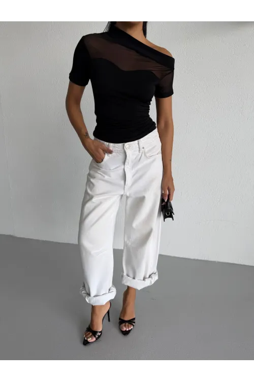 Kadın Siyah Tek Omuz Transparan Tül Detaylı Şık Sandy Bluz HZL26S-FRY123871