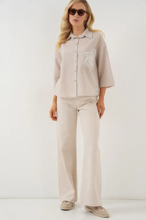 Kadın Tek Cep Nakışlı Gömlek 20328 - Bej