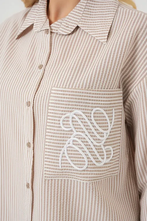 Kadın Tek Cep Nakışlı Gömlek 20328 - Bej