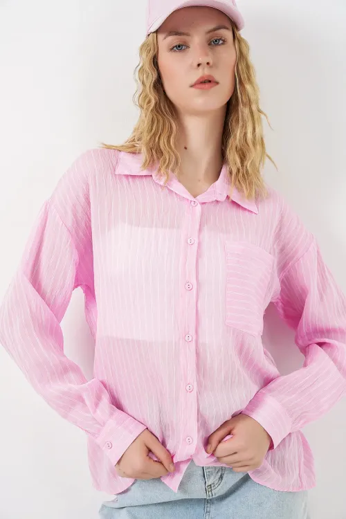 Kadın Tek Cepli Çizgili Oversize Gömlek 20375 - Pembe