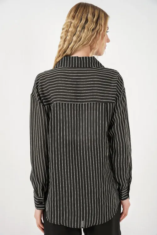 Kadın Tek Cepli Çizgili Oversize Gömlek 20375 - Siyah