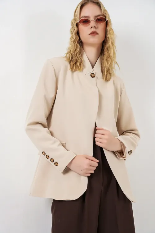 Kadın Tek Düğmeli Oversize Blazer Ceket 0749 - Bej