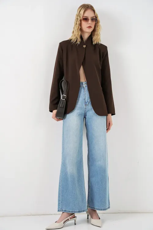 Kadın Tek Düğmeli Oversize Blazer Ceket 0749 - Kahverengi