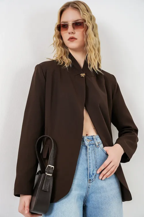 Kadın Tek Düğmeli Oversize Blazer Ceket 0749 - Kahverengi