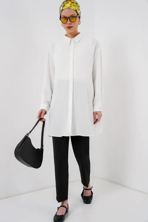 Kadın Uzun Gömlek Tunik 5945 - Beyaz