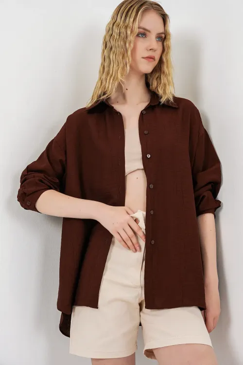 Kadın Uzun Oversize Gömlek 20334 - Kahverengi