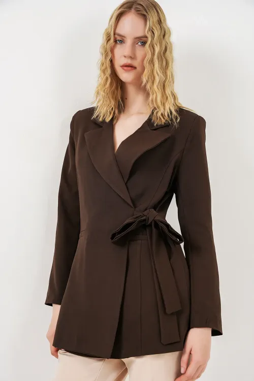 Kadın Yandan Bağlamalı Blazer Ceket 0750 - Kahverengi