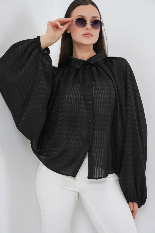 Kadın Yarasa Kol Oversize Gömlek 20368 - Siyah