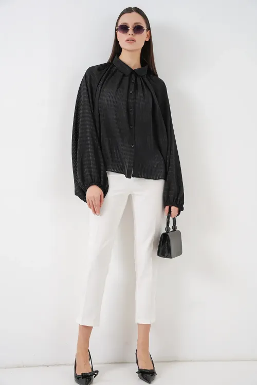 Kadın Yarasa Kol Oversize Gömlek 20368 - Siyah