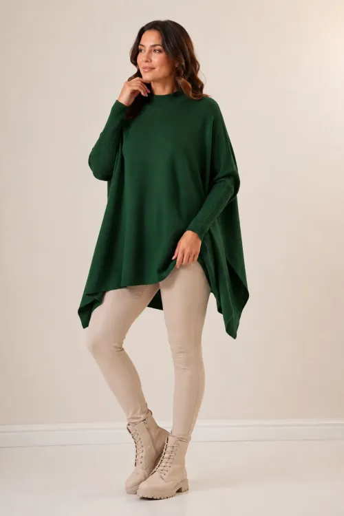 Kadın Zümrüt Yeşil Oversize Yırtmaçlı Panço Triko Kazak Hzl23w-bd1100761