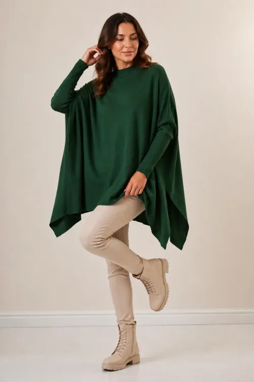 Kadın Zümrüt Yeşil Oversize Yırtmaçlı Panço Triko Kazak Hzl23w-bd1100761