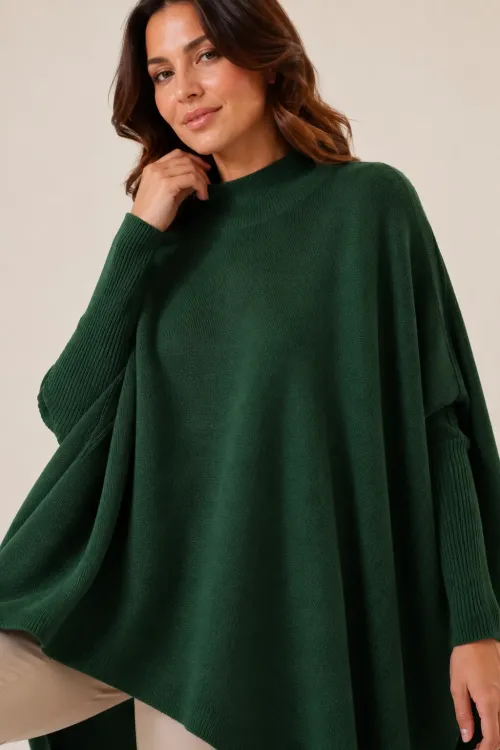 Kadın Zümrüt Yeşil Oversize Yırtmaçlı Panço Triko Kazak Hzl23w-bd1100761