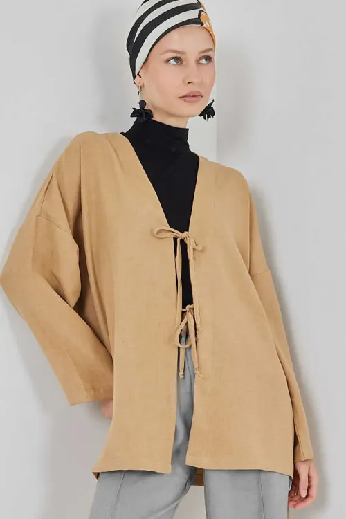Keten Tesettür Kimono 5968 - Camel