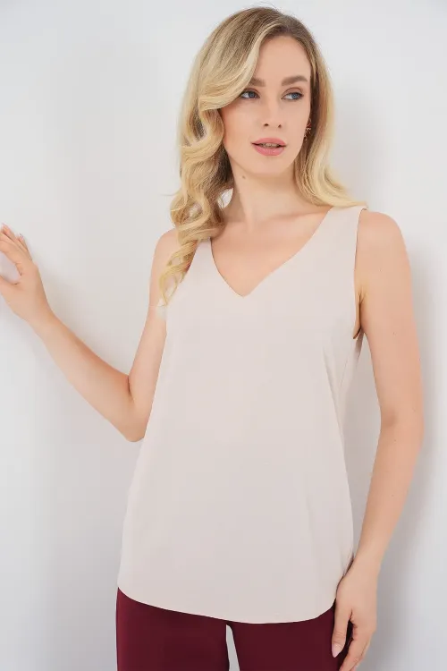 V Yaka Sıfır Kol Bluz 950 - Krem