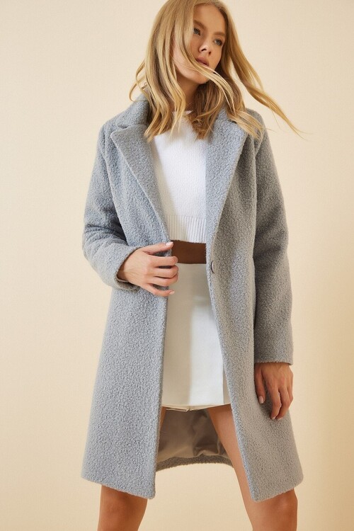 Kadın Açık Gri Tek Düğmeli Çift Cepli Astarlı Buklet Kaşe Kaban HZL22W-BD190821