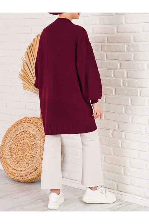 Kadın Bordo Saç Örgü Desen Uzun Düğmeli Rahat Kesim Triko Hırka HZL23W-BD1100691