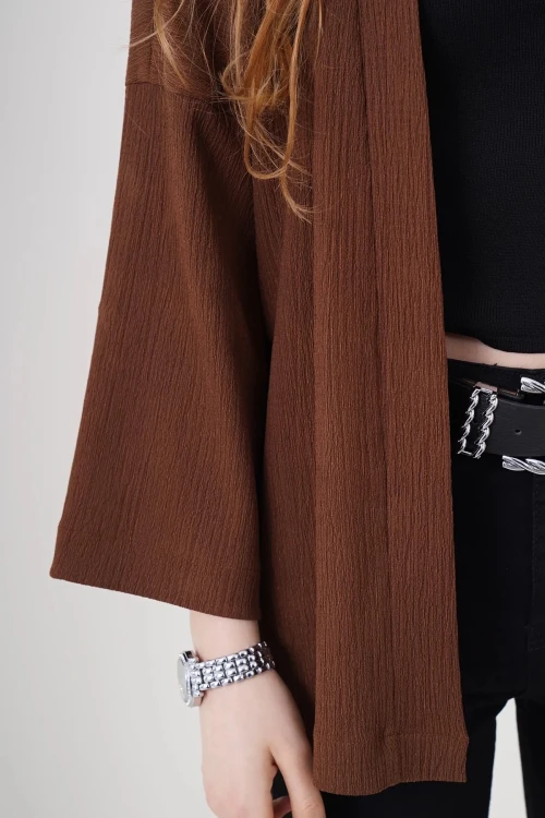 Kadın Kahverengi Önü Açık Katlı Yaka Dokulu Mevsimlik Ceket HZL22S-BD158621