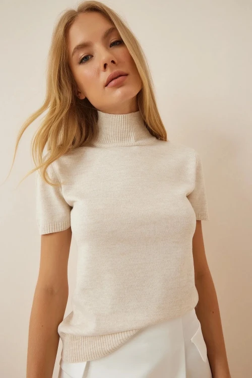 Kadın Krem Balıkçı Yaka Kısa Kollu Boğazlı Triko Kazak HZL23W-BD1101051