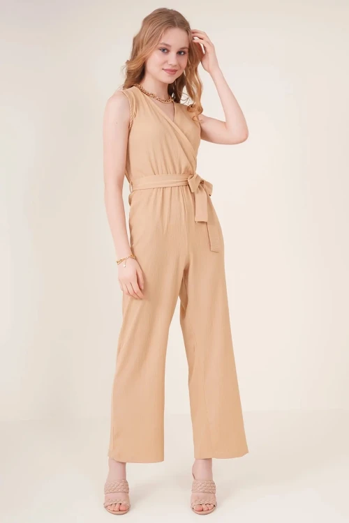 Kadın Krem Beli Lastikli Derin Kruvaze V Yaka Kemerli Örme Tulum HZL22S-BD170211