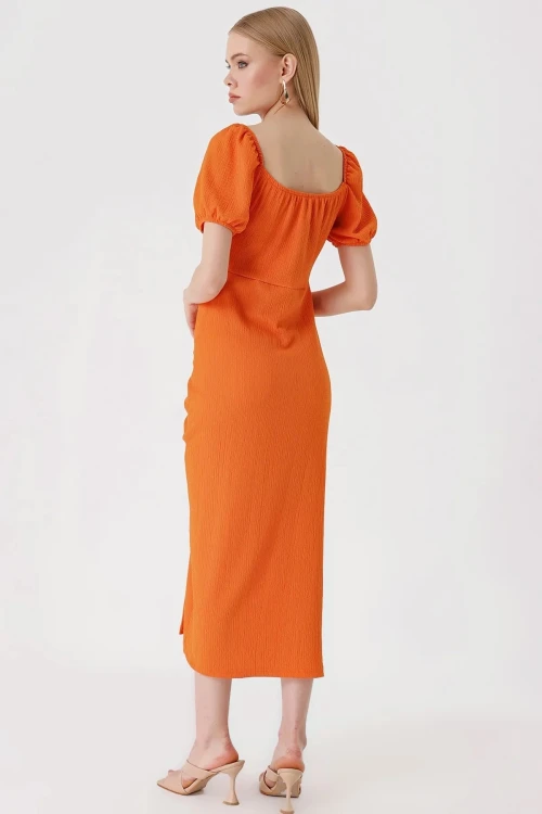 Kadın Oranj  Yırtmaçlı Yazlık Örme Elbise HZL23S-BD123961