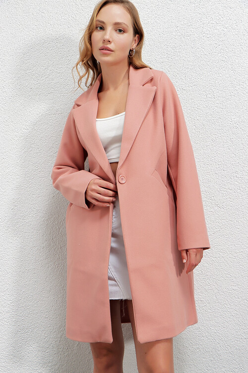 Kadın Pembe Tek Düğmeli Çift Cepli Astarlı Şık Kaşe Kaban HZL23W-BD190851