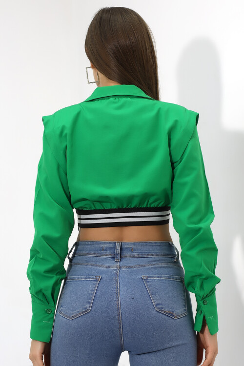 Kadın Yeşil Uzun Kollu Crop Detaylı Poplin Gömlek HZL23W-DSB110091