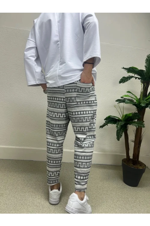 Erkek Ekru Etnik Desenli Beli İp Bağlamalı Düz Kesim Cepli Pantolon Eşofman Altı HZL24S-MXC8948-245