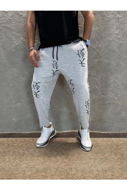 Erkek Gri Japon Desenli Beli İp Bağlamalı Düz Kesim Pantolon Eşofman Altı HZL24S-MXC8948-193