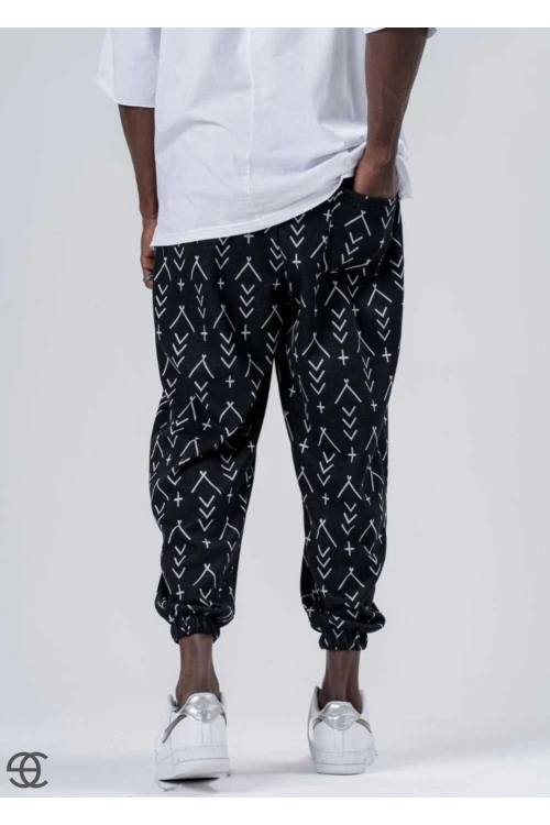 Erkek Siyah Küçük Desenli Beli ve Paçası Lastikli Bol Kesim Jogger Eşofman Altı HZL24S-MXC8989-164
