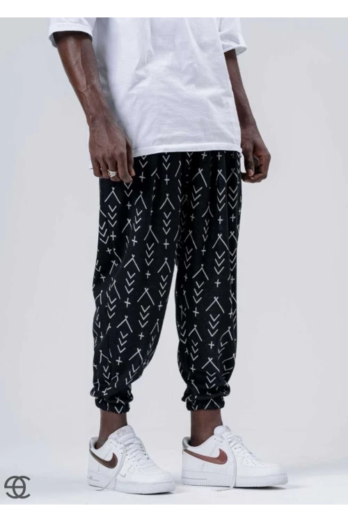 Erkek Siyah Küçük Desenli Beli ve Paçası Lastikli Bol Kesim Jogger Eşofman Altı HZL24S-MXC8989-164