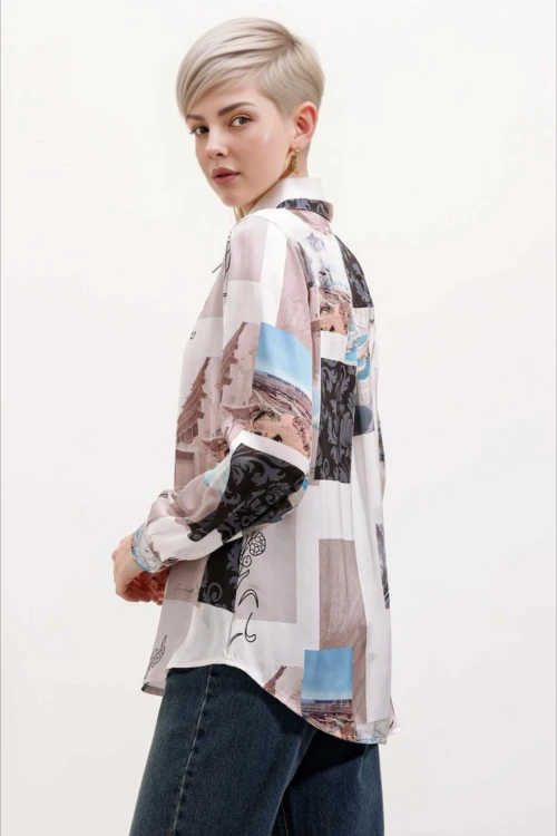 Kadın Açık Bej Desenli Hafif Dökümlü Saten Yüzeyli Gömlek HZL24S-BD1202441