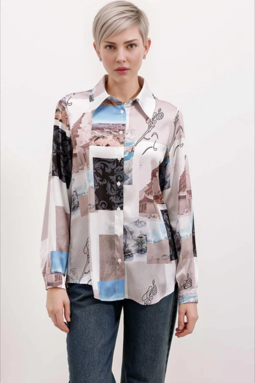 Kadın Açık Bej Desenli Hafif Dökümlü Saten Yüzeyli Gömlek HZL24S-BD1202441