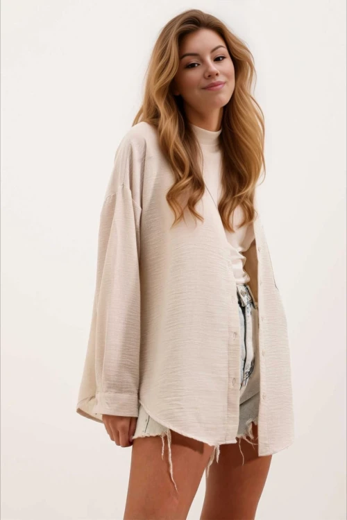 Kadın Açık Bej Tek Cepli Oversize Keten Ayrobin Gömlek HZL24S-BD1201531